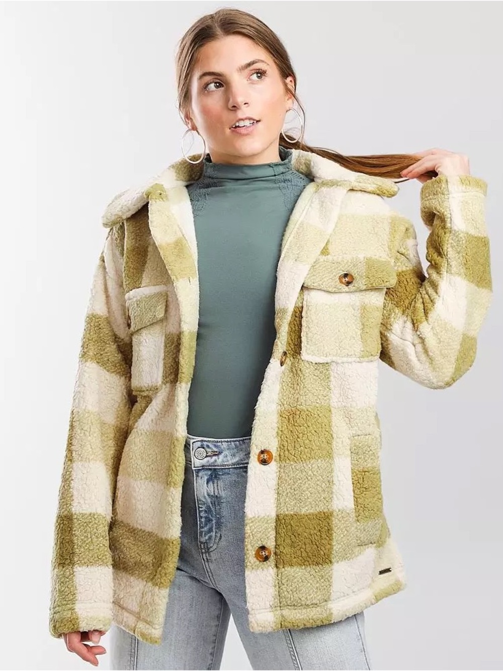 Billabong Fairbanks Plaid Teddy Sherpa Fleece Shacket Jacket Beige S